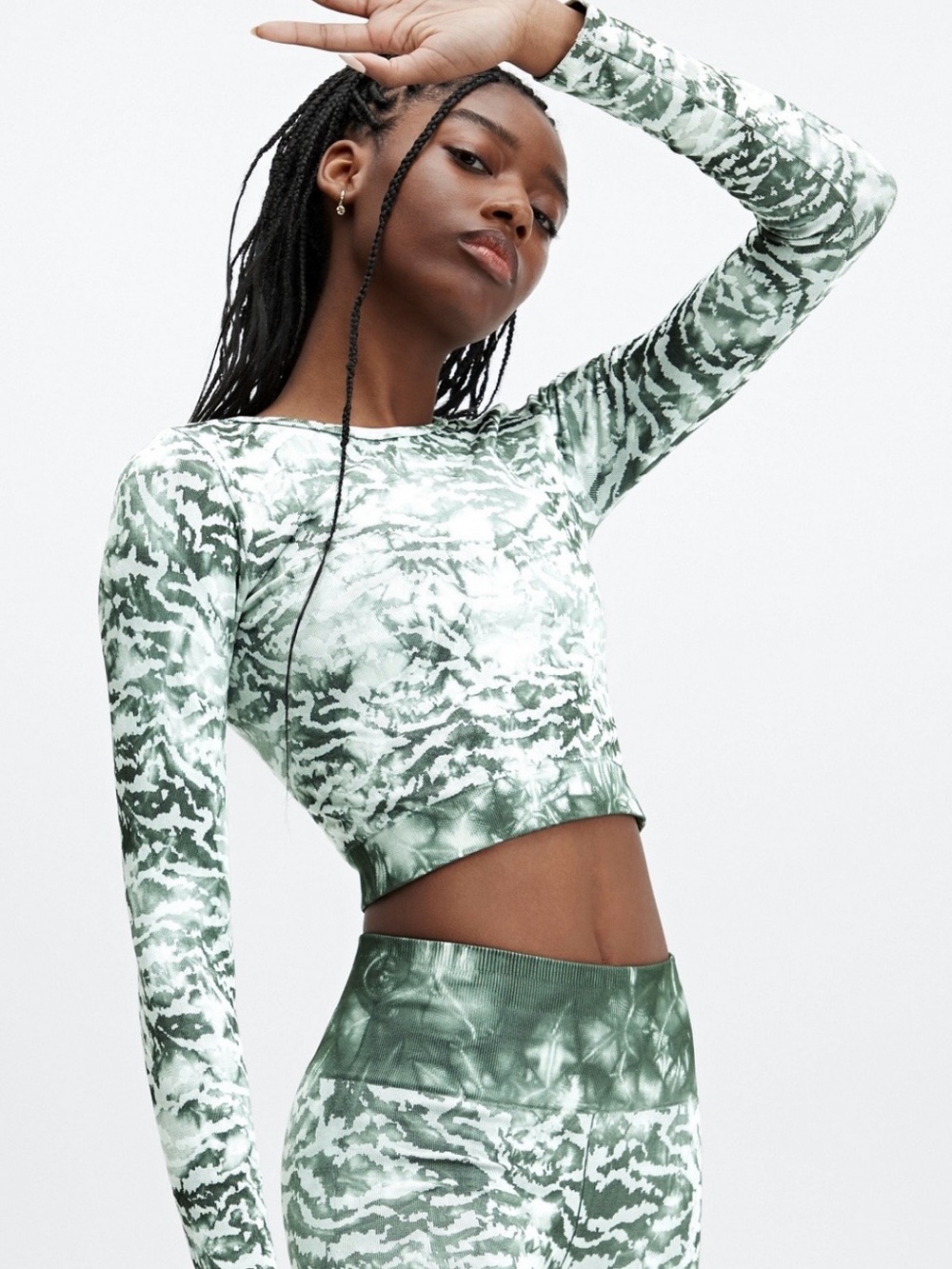 Fabletics Sage Green Tie-Dye Long Sleeve Crop Top